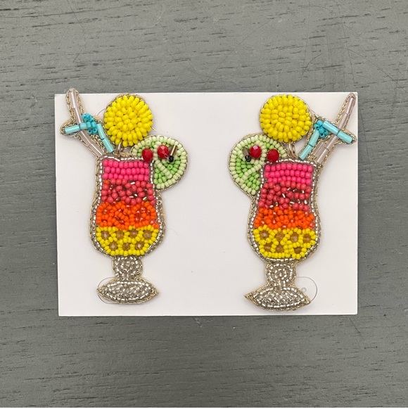 High Heels on the High Road Jewelry - Pink Yellow Orange Pina Colada Daquiri Cocktail Tiki Seed Bead 2.25” Earrings